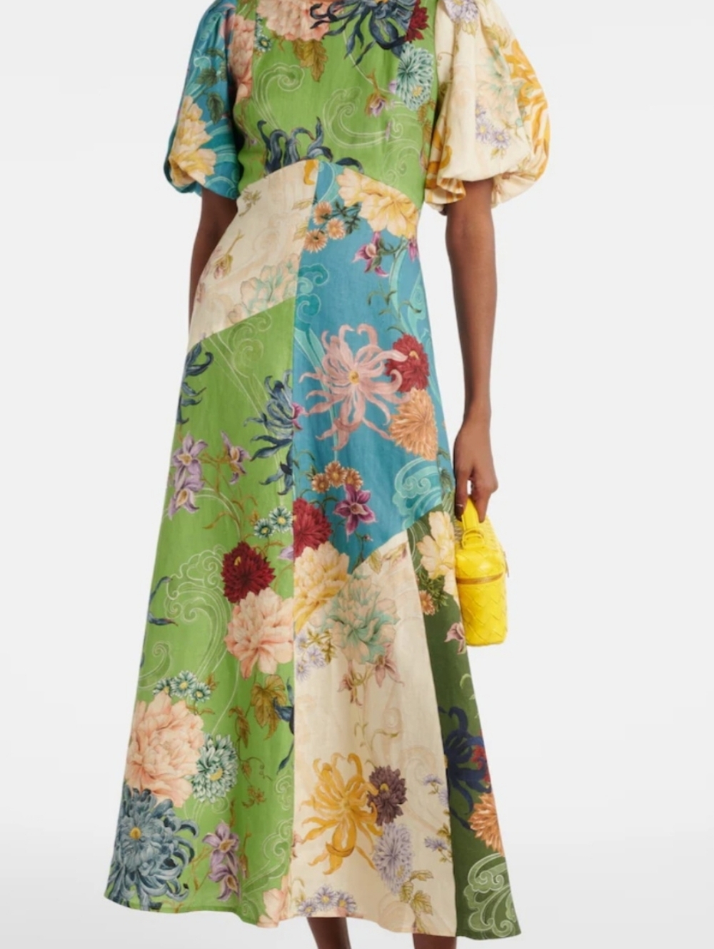 Boho Patchwork Floral Midi Dress in Green & Blue